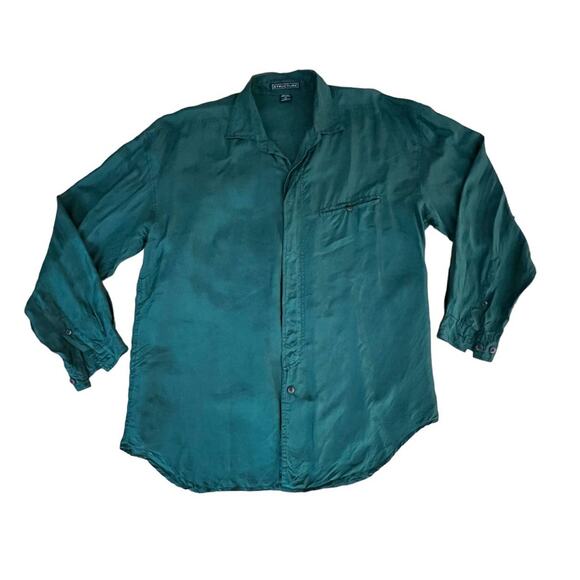 VTG Structure Green 100% Silk Long Sleeve Button Down Shirt Pocket Mens Medium - Picture 1 of 8
